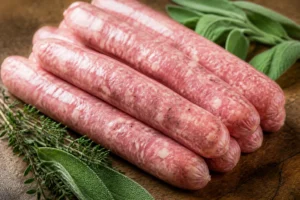 Chipolatas crues sur planche en bois avec thym et sauge frais, boyau naturel de mouton apparent