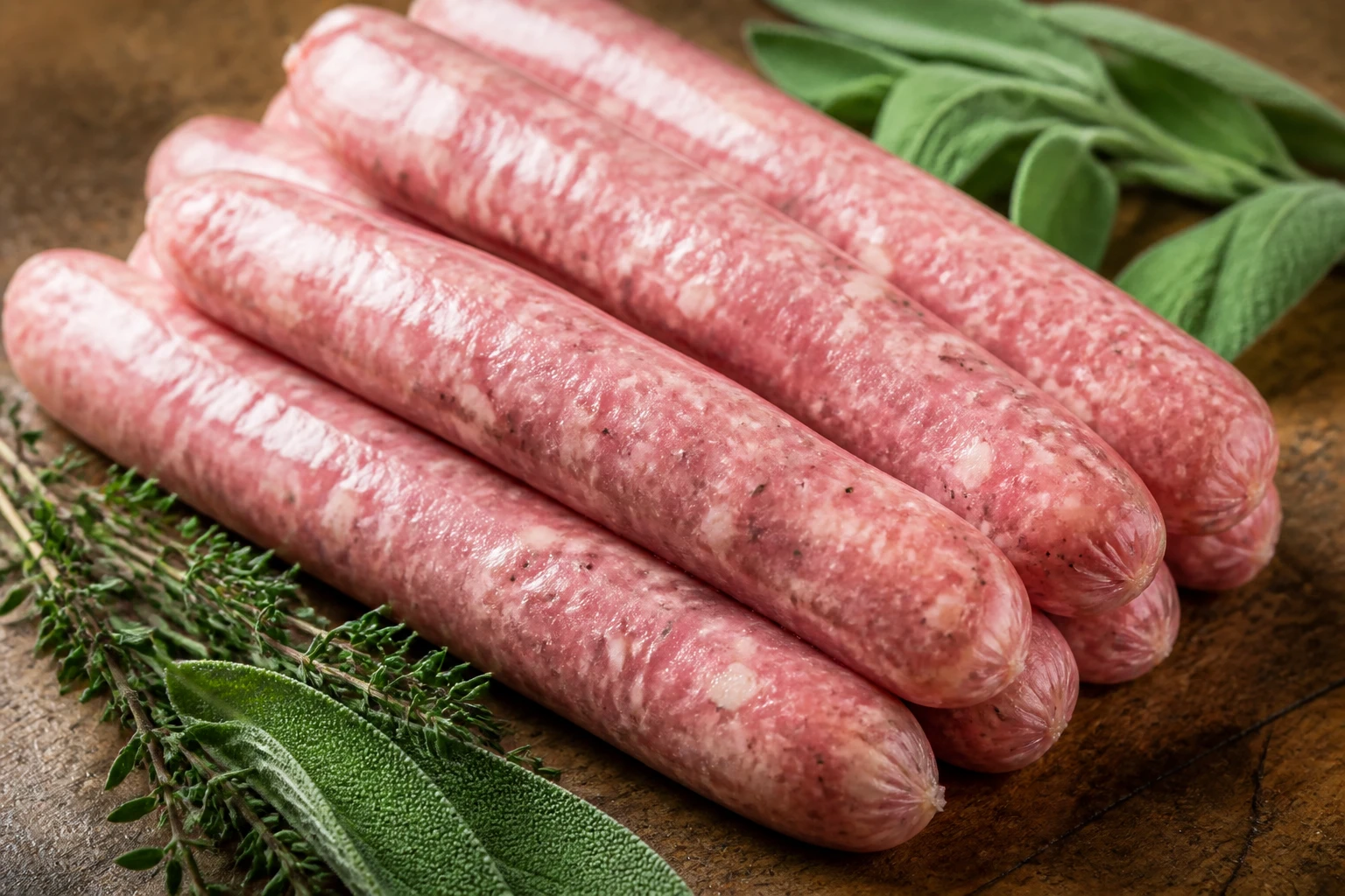 Chipolatas crues sur planche en bois avec thym et sauge frais, boyau naturel de mouton apparent