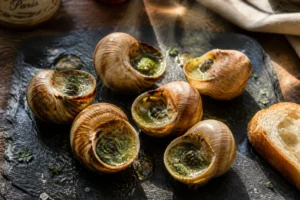 Escargots en coquille garnis de beurre persillé fondant, servis sur ardoise rustique