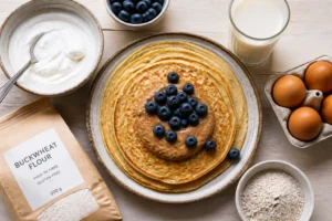 Crêpes protéinées sans whey empilées sur une assiette en céramique rustique avec du beurre d'amande et des myrtilles fraîches