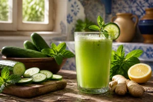 Verre de jus de concombre frais avec menthe, citron et gingembre sur table en bois