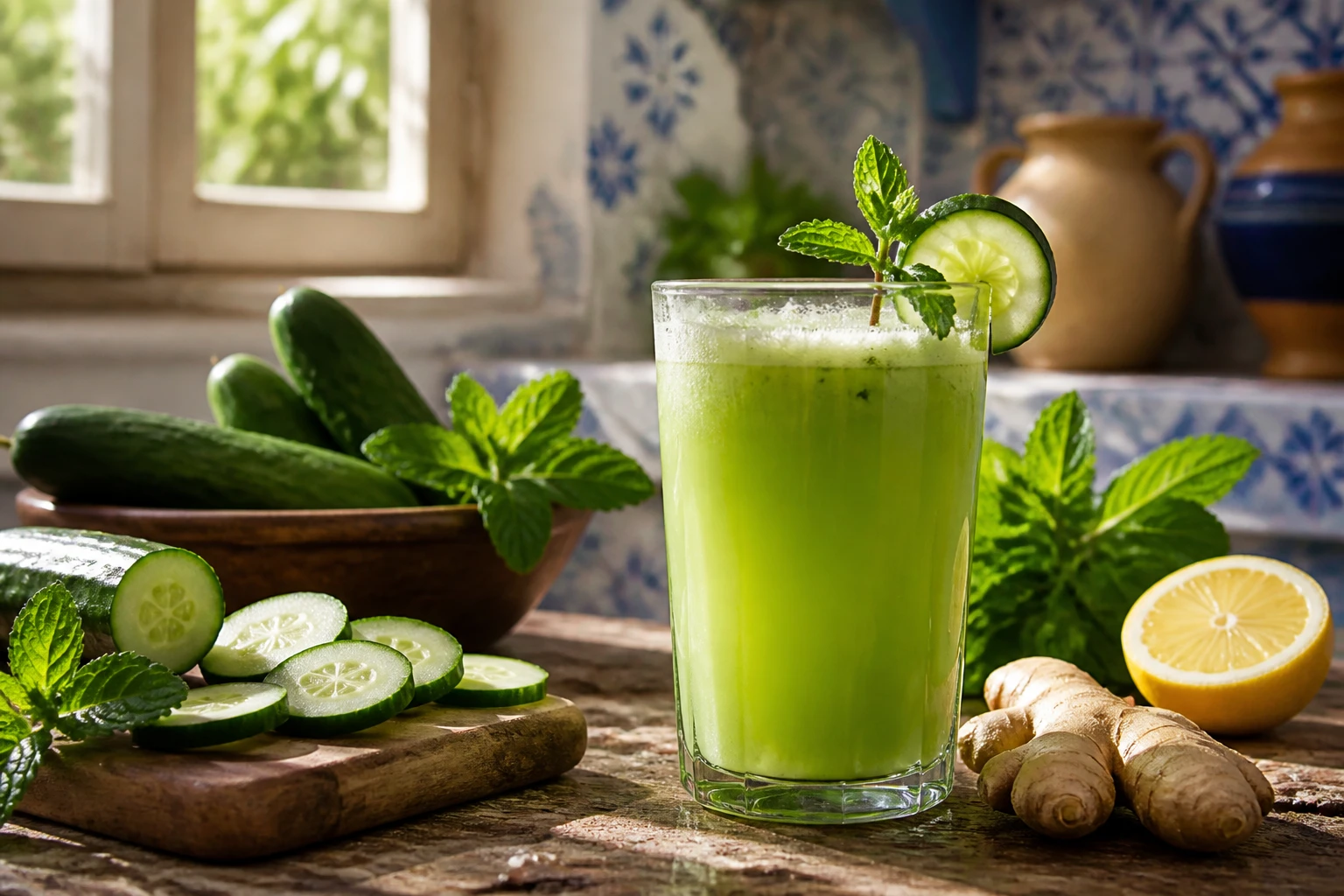 Verre de jus de concombre frais avec menthe, citron et gingembre sur table en bois