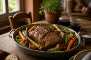 Plat de veau rôti accompagné de légumes de saison carottes poireaux champignons sur table en bois rustique