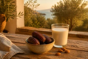 Bol de dattes Medjool le soir sur une table méditerranéenne avec verre de lait d'amande