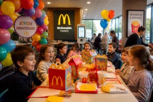 Fête d'anniversaire enfant dans un restaurant McDonald's en France avec ballons et Happy Meals