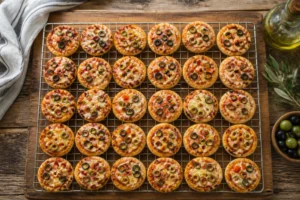 Trente mini pizzas apéro dorées sur grille, garnies de mozzarella fondue, olives et poivrons, vue du dessus sur planche en bois rustique