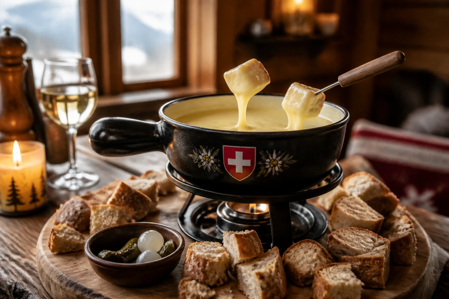 Cubes de pain de campagne rassis disposés autour d'un caquelon de fondue savoyarde fumante sur table en bois