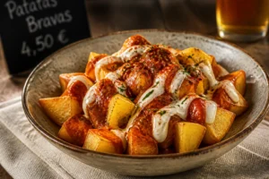 Patatas bravas dorées nappées de sauce brava rouge au pimentón et d'un filet d'aïoli maison dans un bol en céramique rustique
