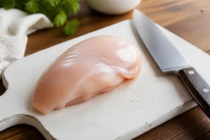 Poulet cru sur planche à découper en bois blanc, lumière naturelle, cuisine domestique
