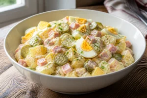 Salade piémontaise dans un grand bol blanc avec pommes de terre, jambon, cornichons et mayonnaise crémeuse