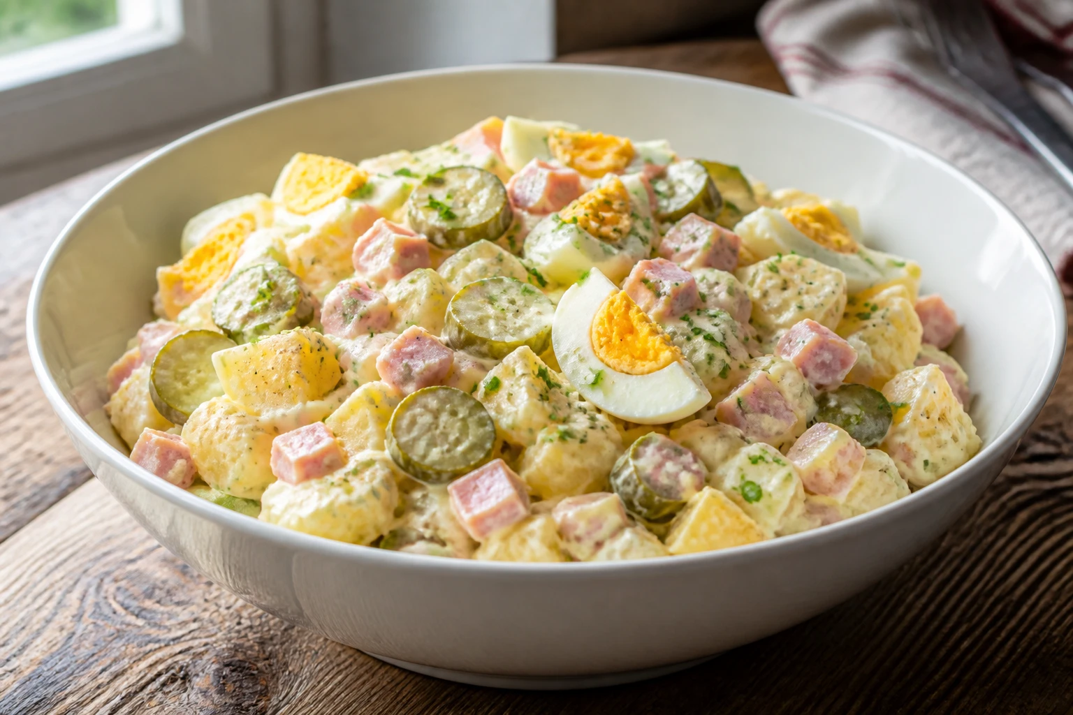 Salade piémontaise dans un grand bol blanc avec pommes de terre, jambon, cornichons et mayonnaise crémeuse