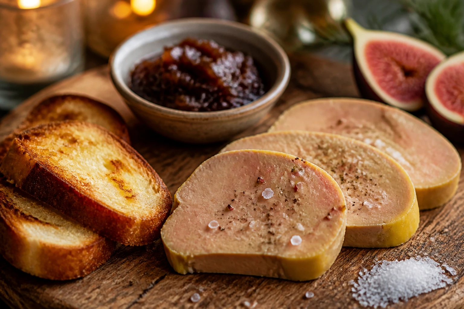 Tranches de terrine de foie gras de canard sur planche bois avec brioche toastée et chutney de figues
