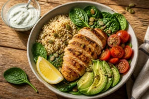 Bowl de poulet healthy avec quinoa, avocat, épinards et graines de courge sur une table en bois rustique