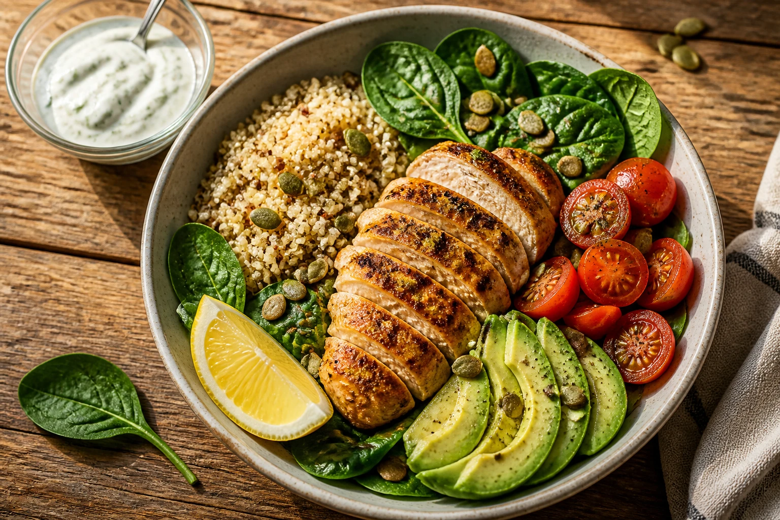 Bowl de poulet healthy avec quinoa, avocat, épinards et graines de courge sur une table en bois rustique
