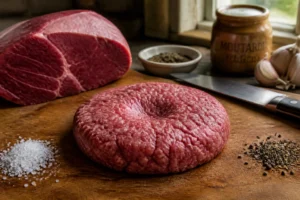 Steak haché maison façonné à la main sur une planche en bois, avec morceau de paleron et épices