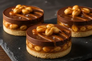 Tartelettes Snickers maison avec couches caramel cacahuètes et ganache chocolat noir