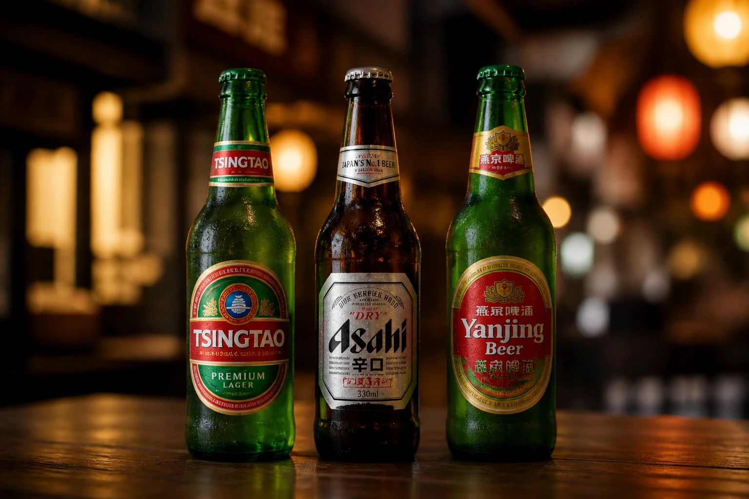 Bouteilles de bières chinoises Tsingtao et Harbin bien fraîches posées sur une table de restaurant asiatique