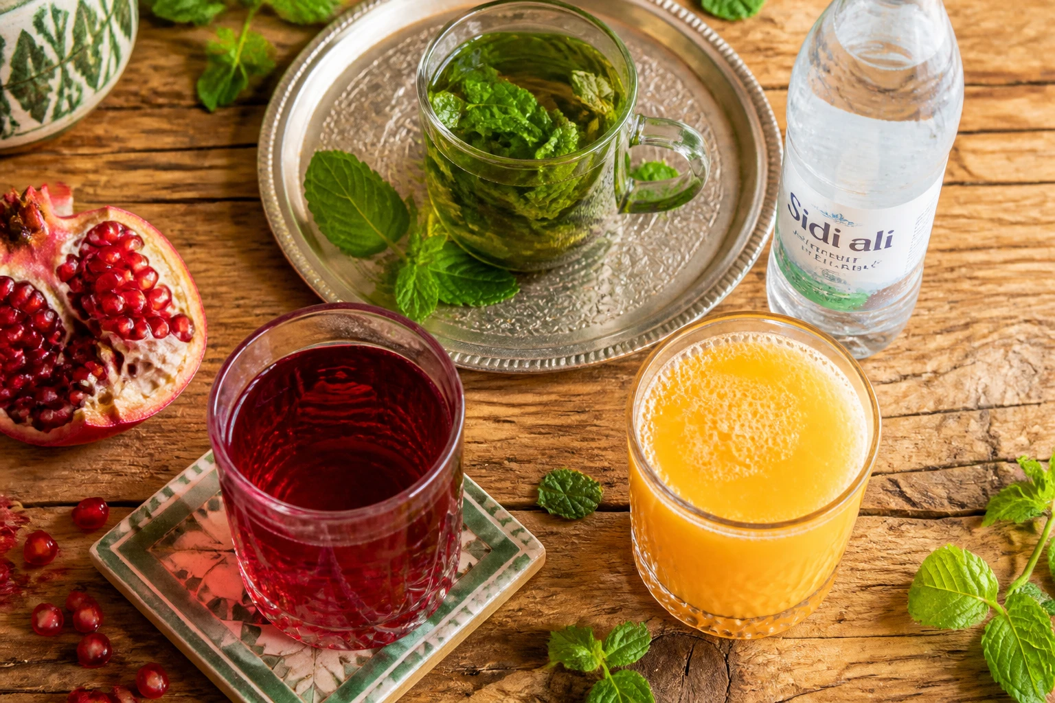 Sélection de boissons halal sur une table en bois : jus de grenade, thé à la menthe et eau gazeuse