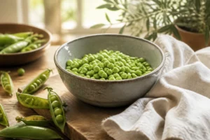 Petits pois frais écossés dans un saladier en céramique sur planche bois, prêts à être congelés