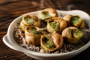Escargots surgelés farcis au beurre persillé sortant du four dans un plat à escargots en céramique