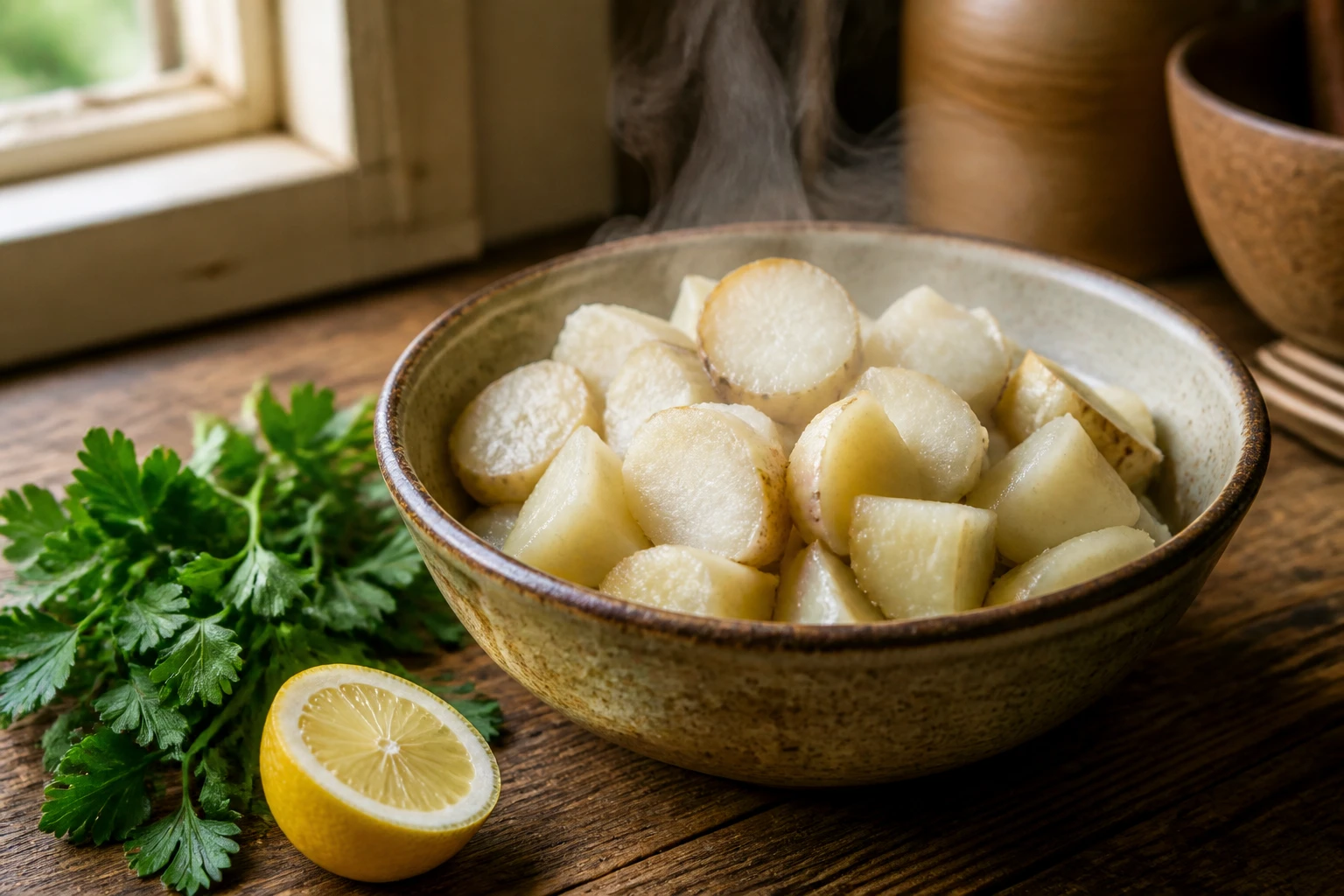 Topinambours cuits à l'eau dans un bol en céramique rustique avec persil plat et citron