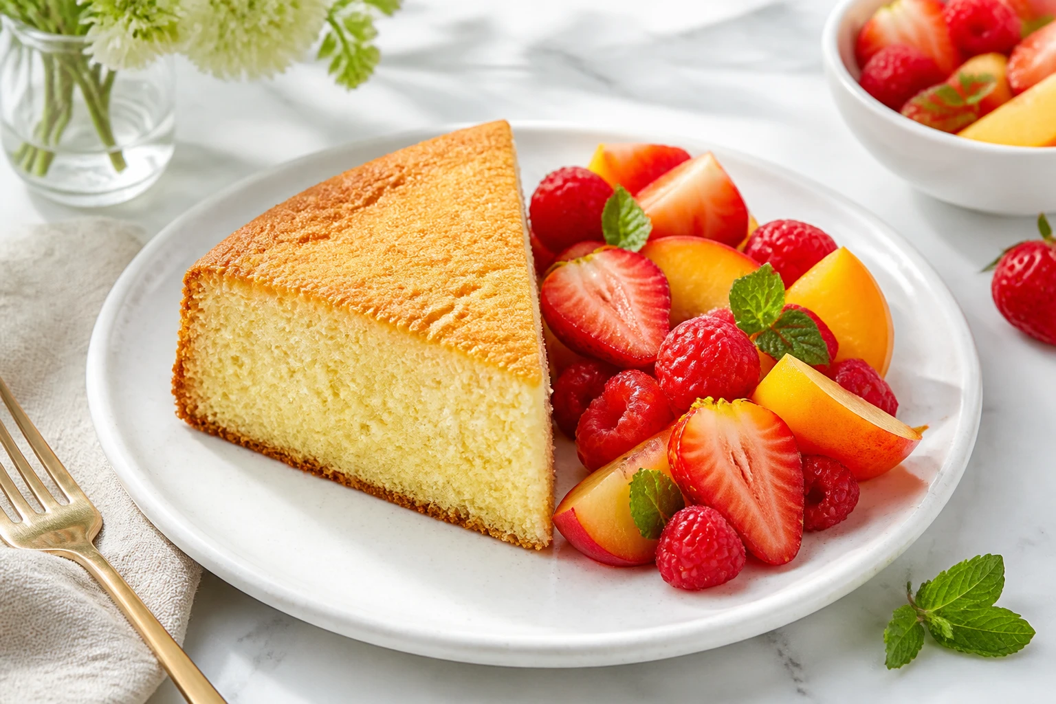 Tranche de gâteau léger posée à côté d'une salade de fruits rouges et de pêches dans une assiette blanche