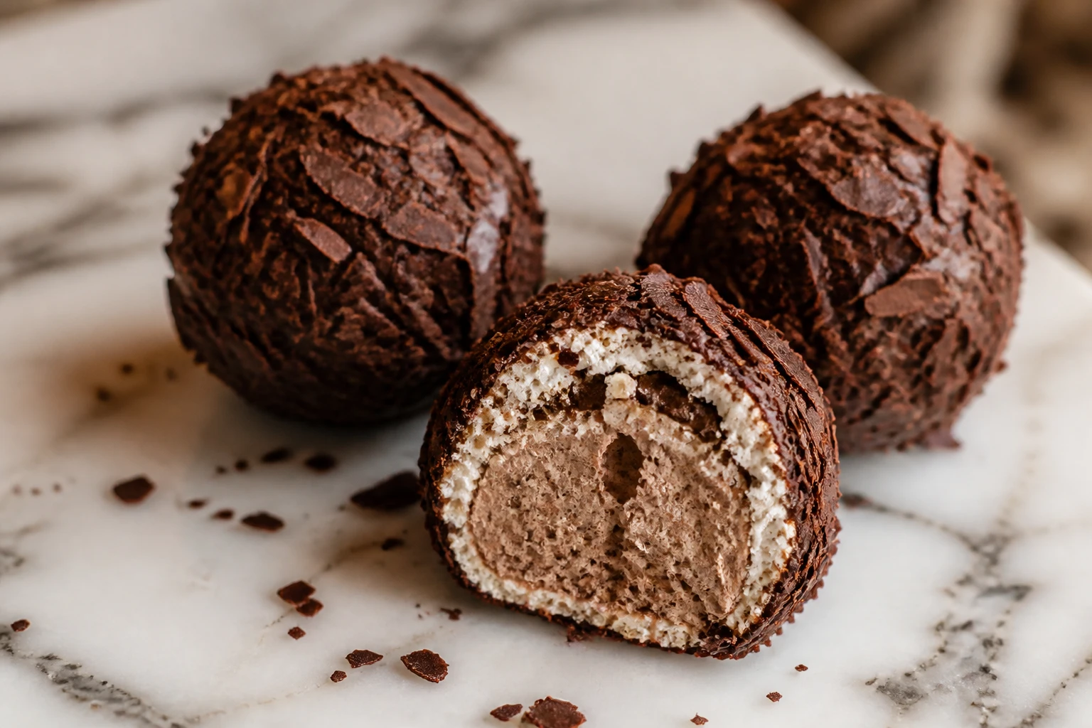 Trois meringues-choco enrobées de copeaux de chocolat noir sur marbre blanc, une coupée révélant la ganache