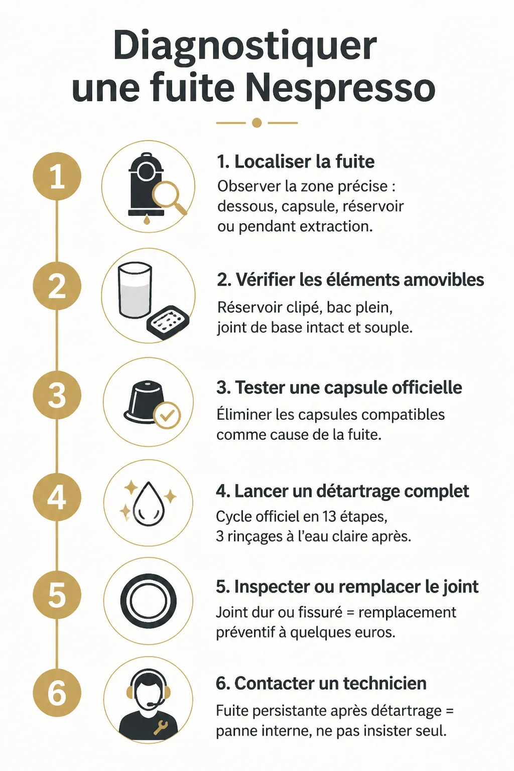 Diagnostiquer une fuite Nespresso : 1. Localiser la fuite, 2. Vérifier les éléments amovibles, 3. Tester une capsule officielle, 4. Lancer un détartrage complet, 5. Inspecter ou remplacer le joint, 6. Contacter un technicien