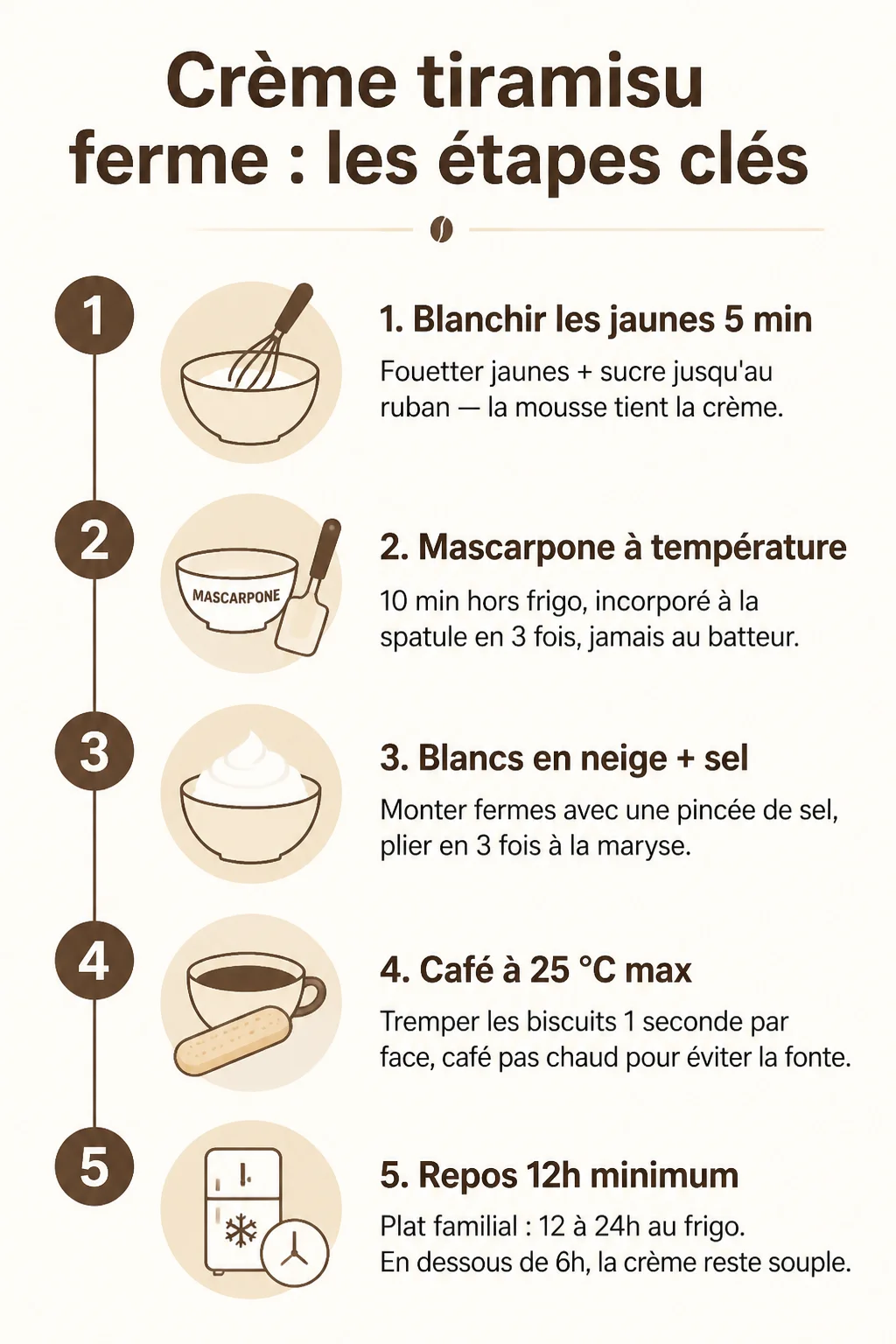 Crème tiramisu ferme : les étapes clés : 1. Blanchir les jaunes 5 min, 2. Mascarpone à température, 3. Blancs en neige + sel, 4. Café à 25 °C max, 5. Repos 12h minimum