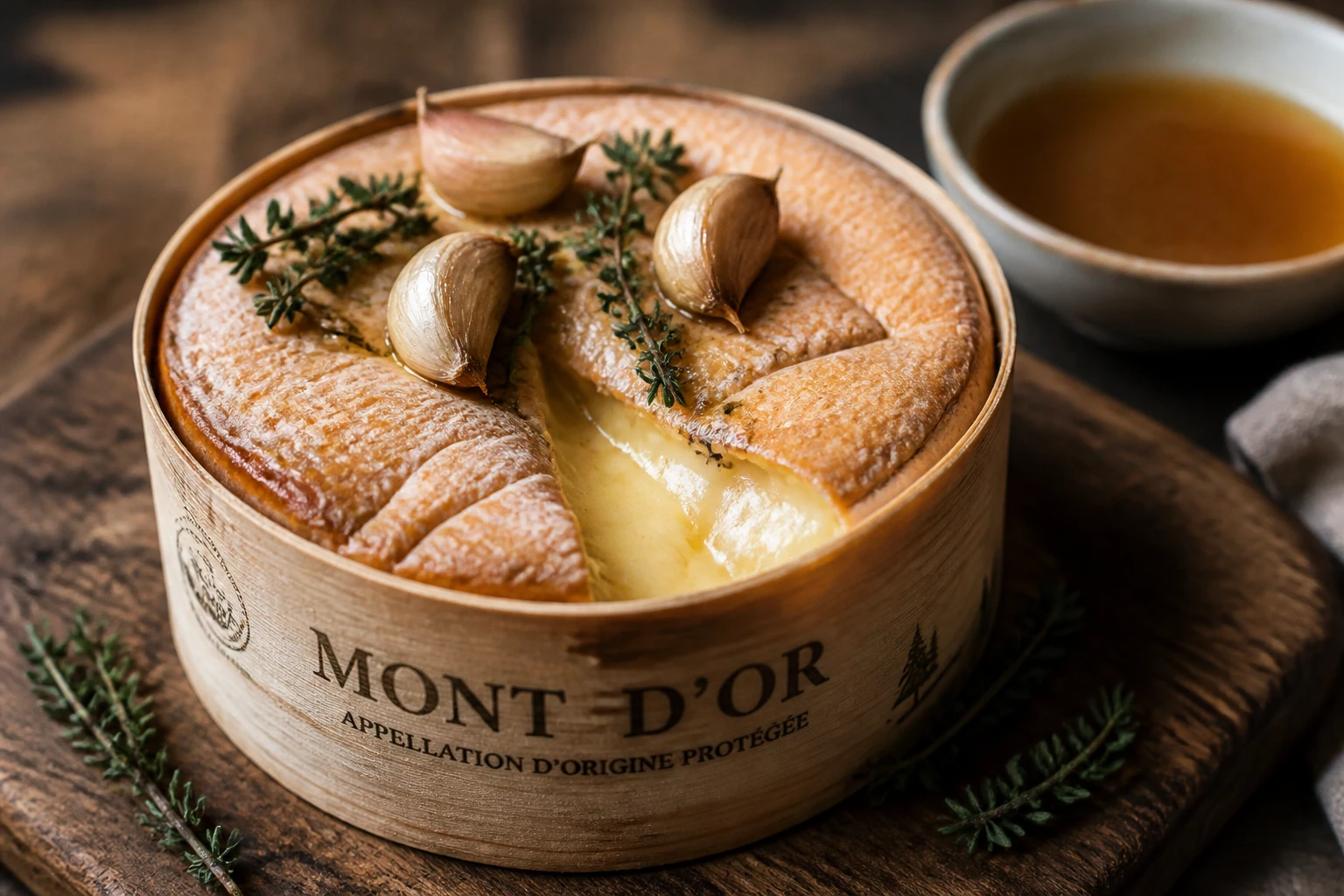 Mont d'or au four dans sa boîte en épicéa, fondu et doré, avec ail et thym, sans vin