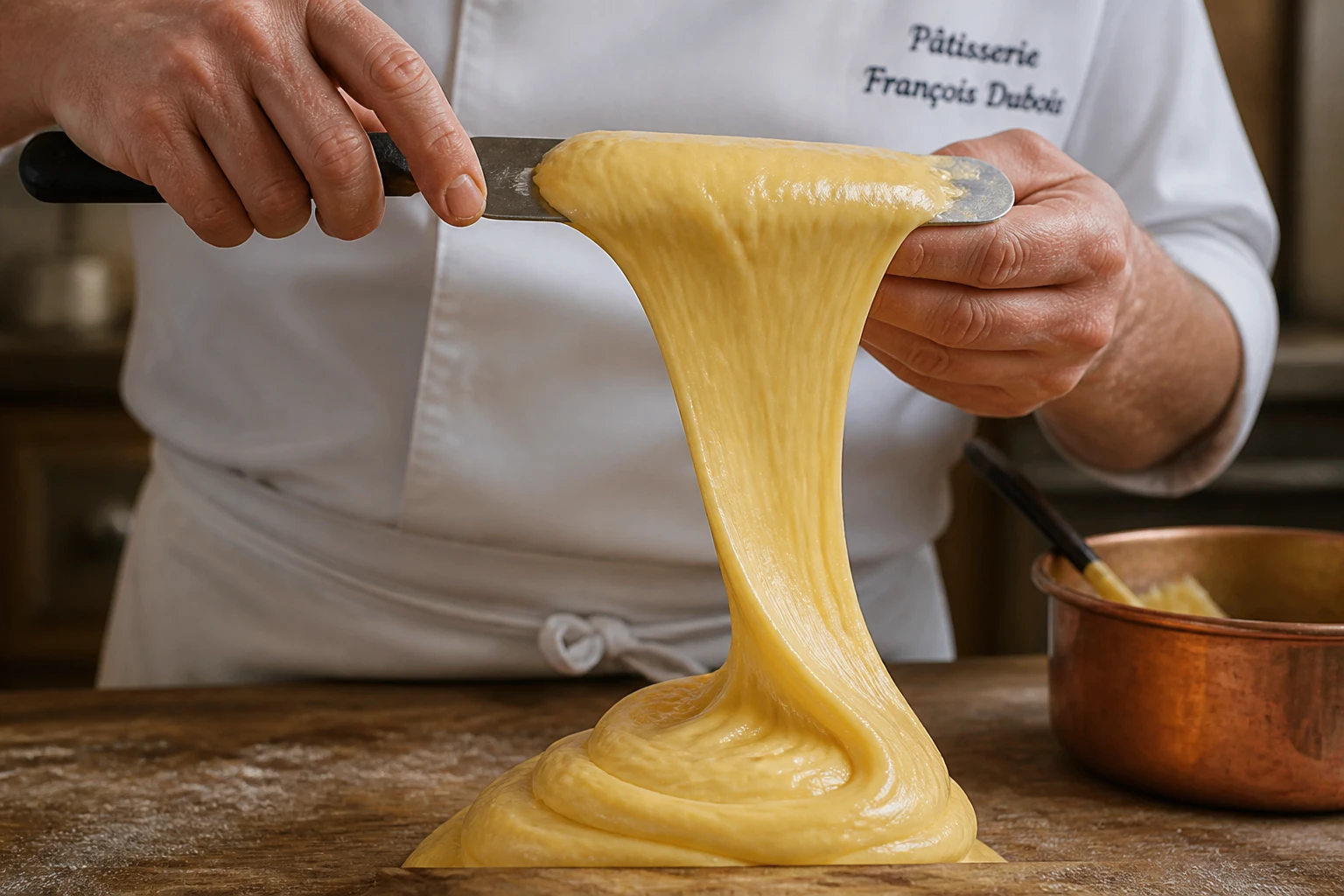 Pâte à choux qui forme un ruban triangulaire sur une spatule, test de consistance en pâtisserie