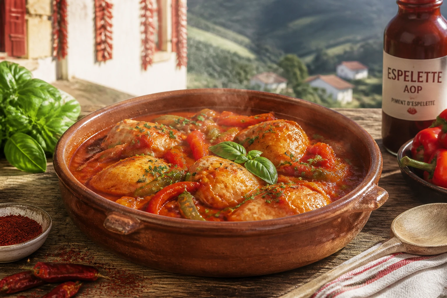 Poulet basquaise traditionnel dans une cazuela en terre cuite, sauce piperade aux poivrons rouges et verts, table rustique basque