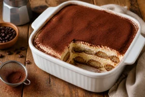 Tiramisu maison en coupe dans un plat blanc, couches visibles de crème mascarpone et biscuits au café, saupoudré de cacao