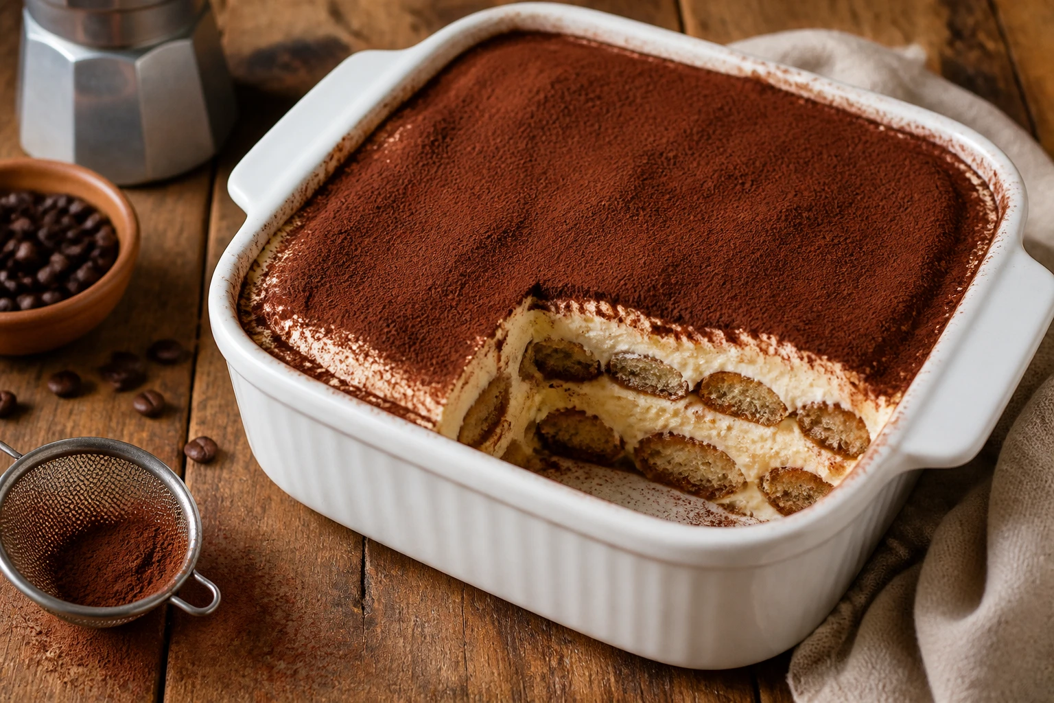Tiramisu maison en coupe dans un plat blanc, couches visibles de crème mascarpone et biscuits au café, saupoudré de cacao