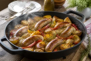 Plat en fonte avec saucisses de Toulouse rôties, pommes de terre, poivrons et fenouil au four