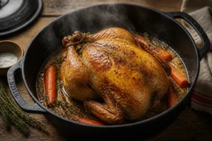 Chapon entier doré dans une cocotte en fonte noire avec des sucs de cuisson et herbes aromatiques