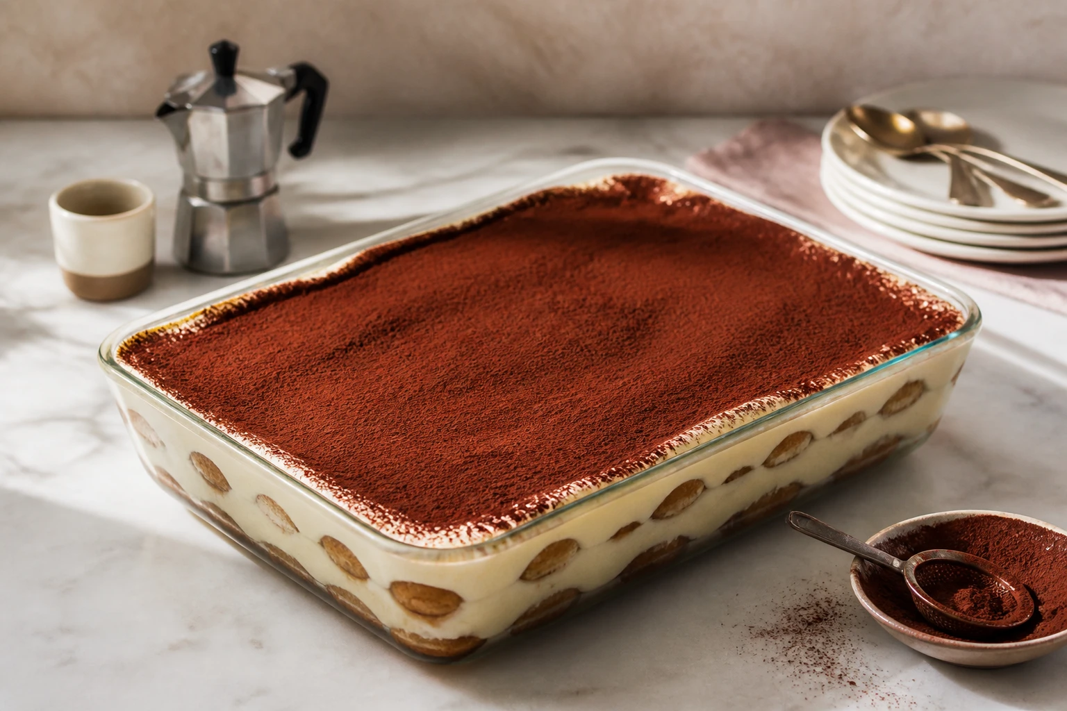 Tiramisu maison en plat familial, crème mascarpone ferme saupoudrée de cacao amer, lumière naturelle