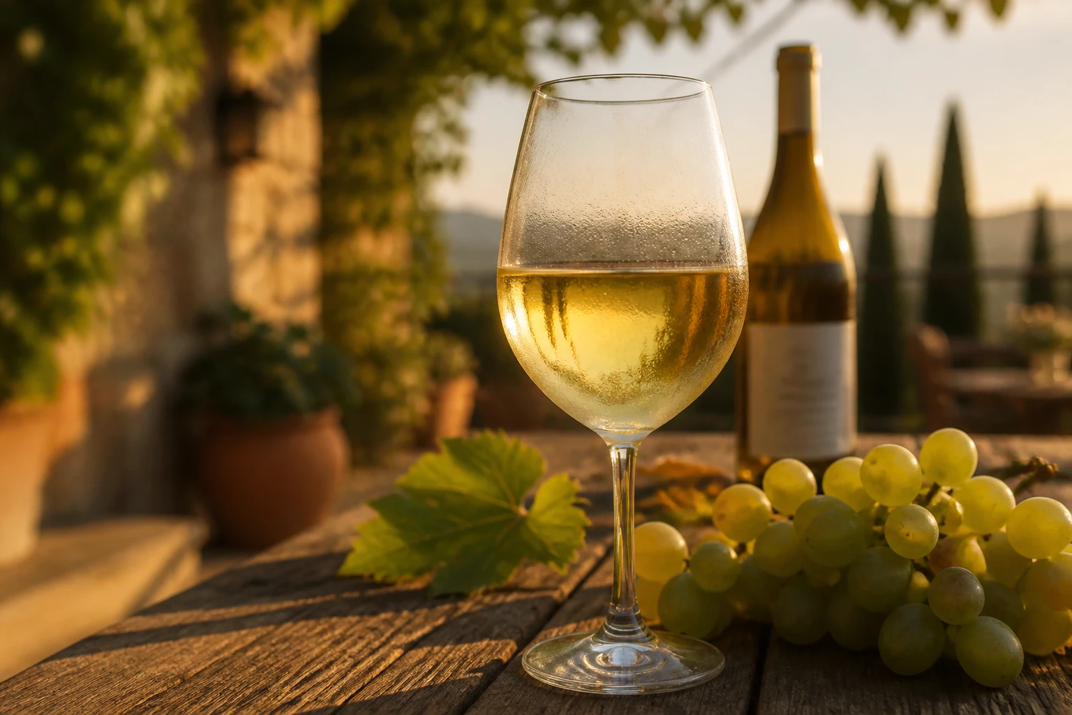 Verre de vin blanc sec frais posé sur une table en bois avec grappe de raisins blancs en lumière dorée