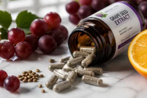 Capsules d'extrait de pépins de raisin sur marbre blanc avec raisins frais et orange coupée
