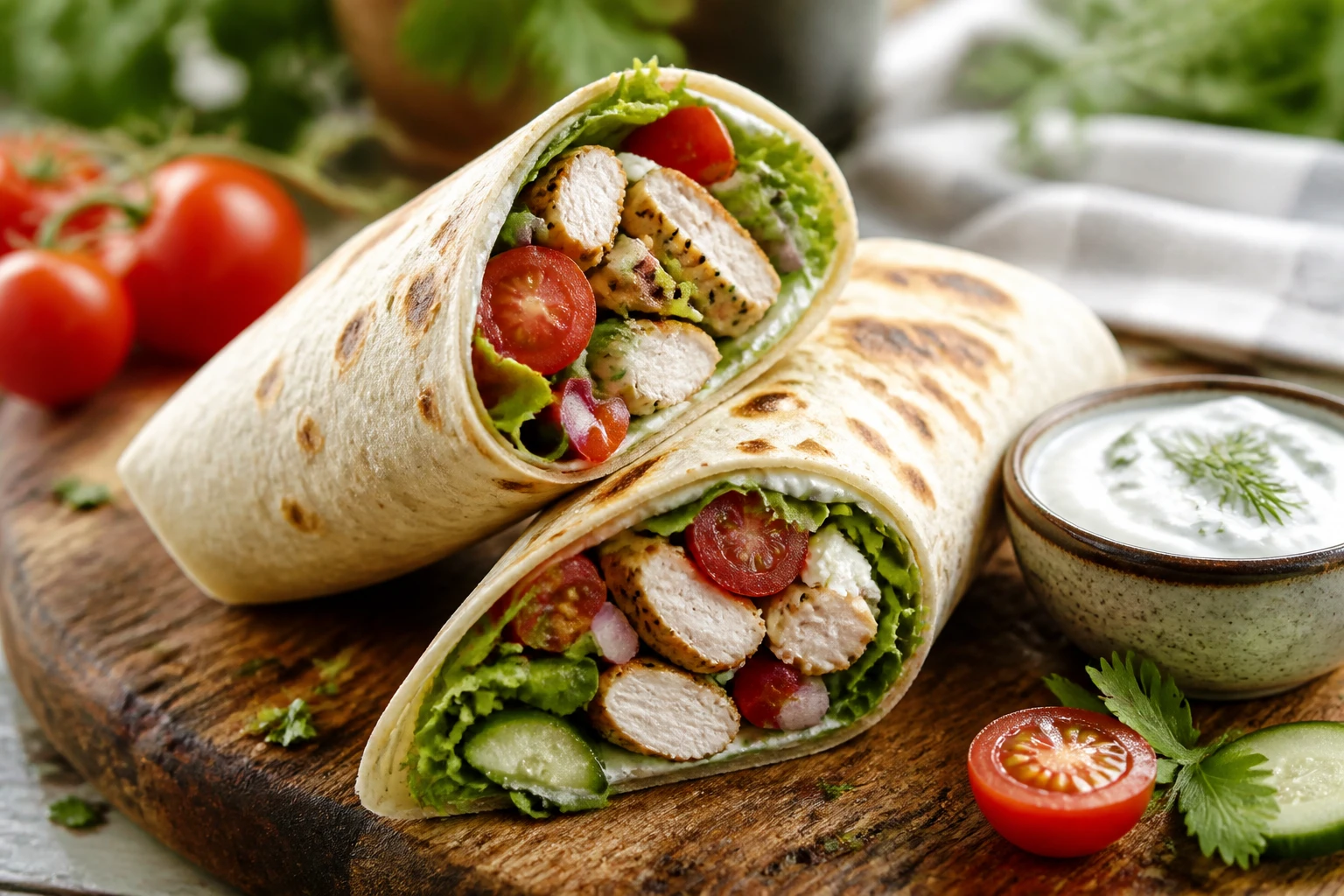 Wrap poulet healthy coupé en deux sur une planche en bois avec légumes frais et sauce yaourt