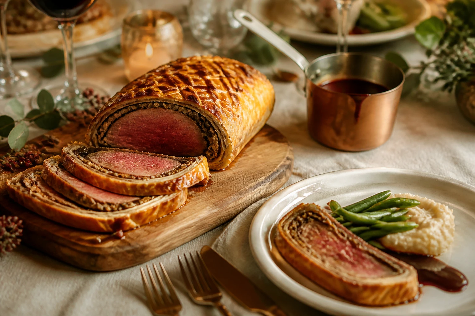 Bœuf Wellington tranché servi avec purée de céleri, haricots verts et sauce au vin rouge
