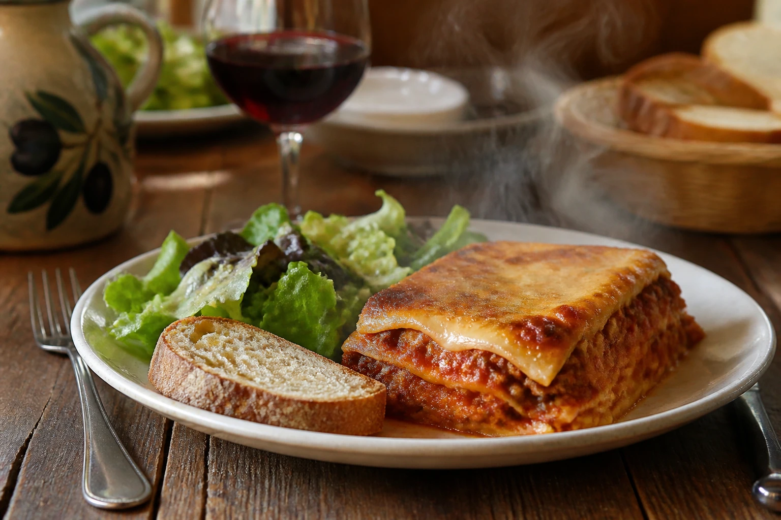 Assiette de lasagne accompagnée d'une salade verte et d'une tranche de pain sur table en bois