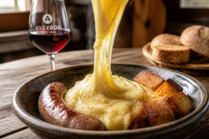 Assiette d'aligot filant accompagné d'une saucisse de porc grillée et d'un verre de vin rouge de l'Aveyron