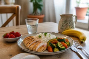 Assiette équilibrée d'aliments pauvres en FODMAP avec riz, poulet, légumes et fruits sur une table en bois