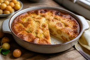 Clafoutis aux mirabelles doré dans un plat en céramique avec mirabelles fraîches autour