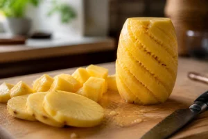 Ananas fraîchement pelé et découpé en cubes sur une planche en bois, avec un couteau de cuisine à proximité