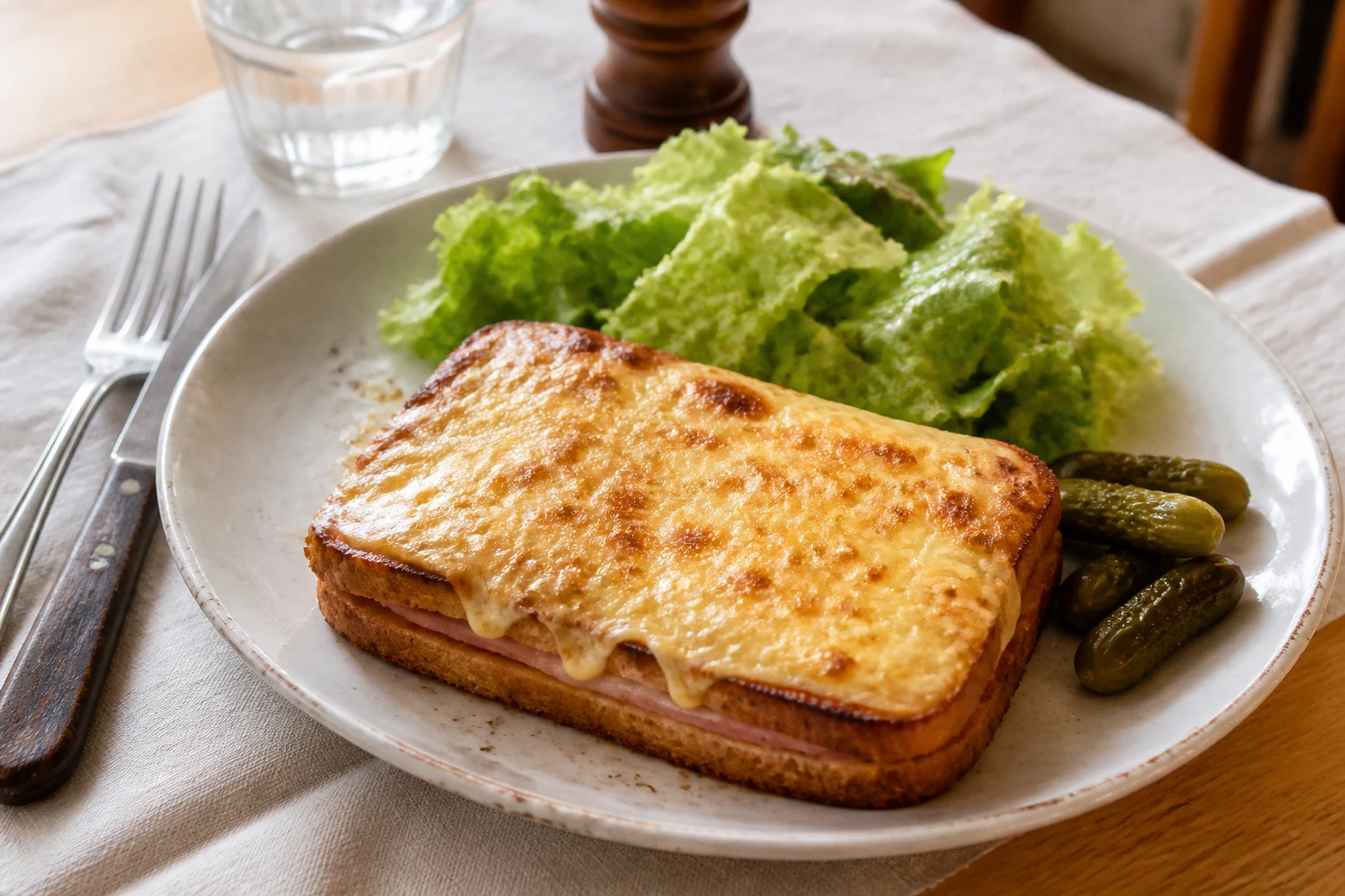 Croque-monsieur gratiné dans une assiette blanche avec salade verte et cornichons, style bistrot français