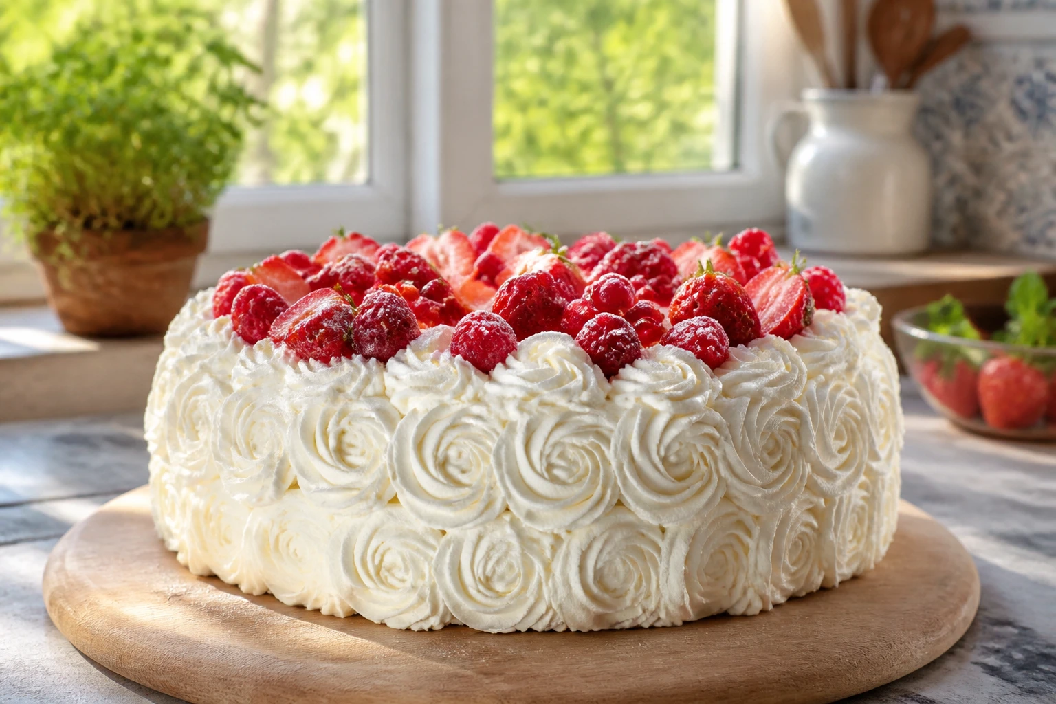 Gâteau décoré de rosaces de chantilly et de fruits rouges sur plateau en bois