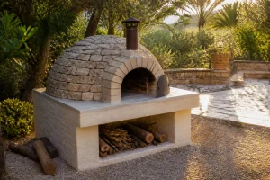 Four à bois artisanal en briques réfractaires construit dans un jardin, dôme en pierre et socle enduit à la chaux