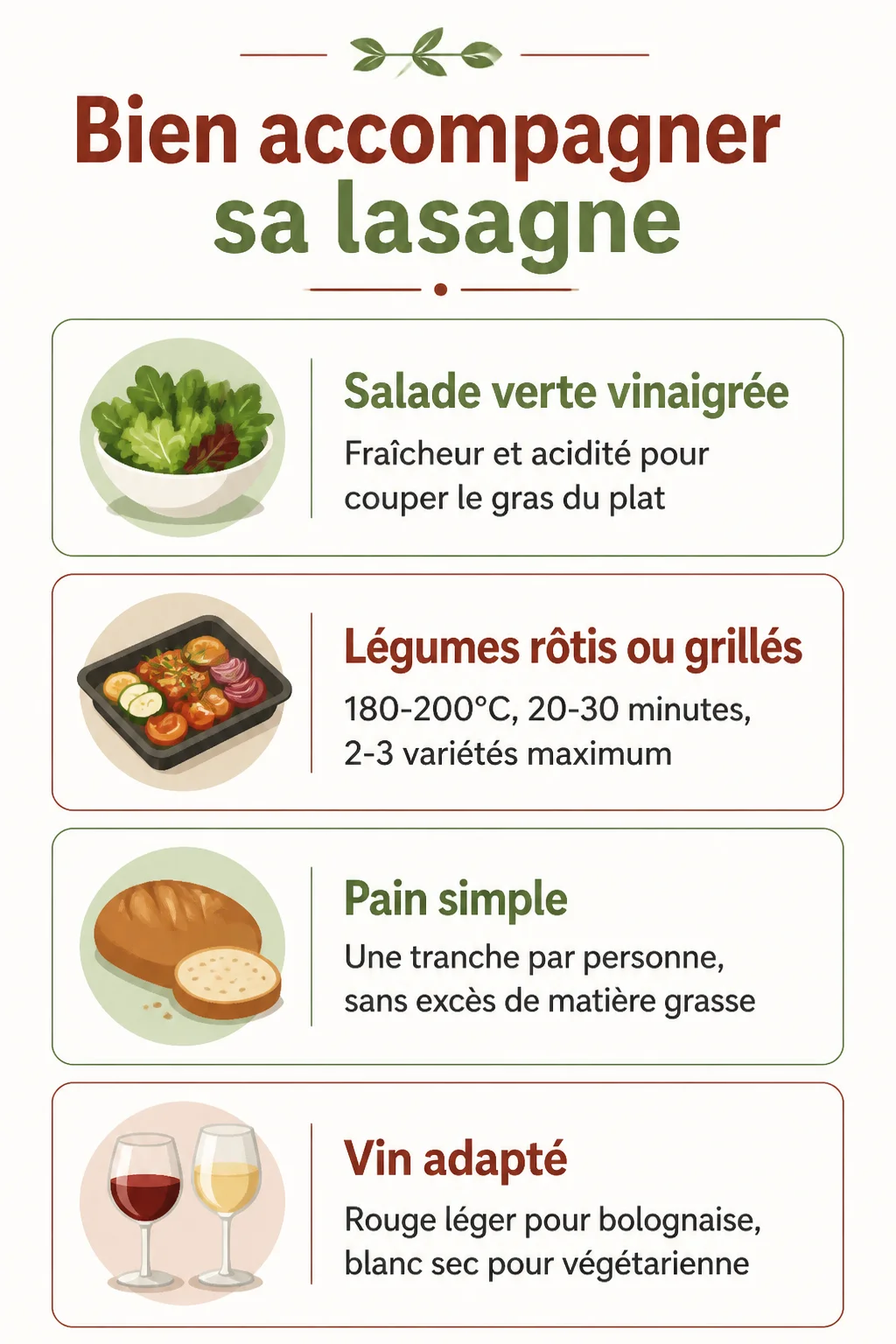 Bien accompagner sa lasagne : Salade verte vinaigrée, Légumes rôtis ou grillés, Pain simple, Vin adapté